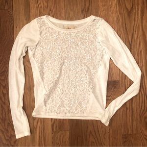 Hollister White Thin Semi Sheer Lace Sequins Long Sleeves Top Shirt XS